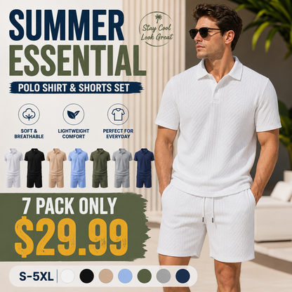 Men's Textured Polo Set Summer Casual Outfit