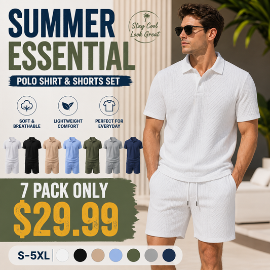 Men's Textured Polo Set Summer Casual Outfit