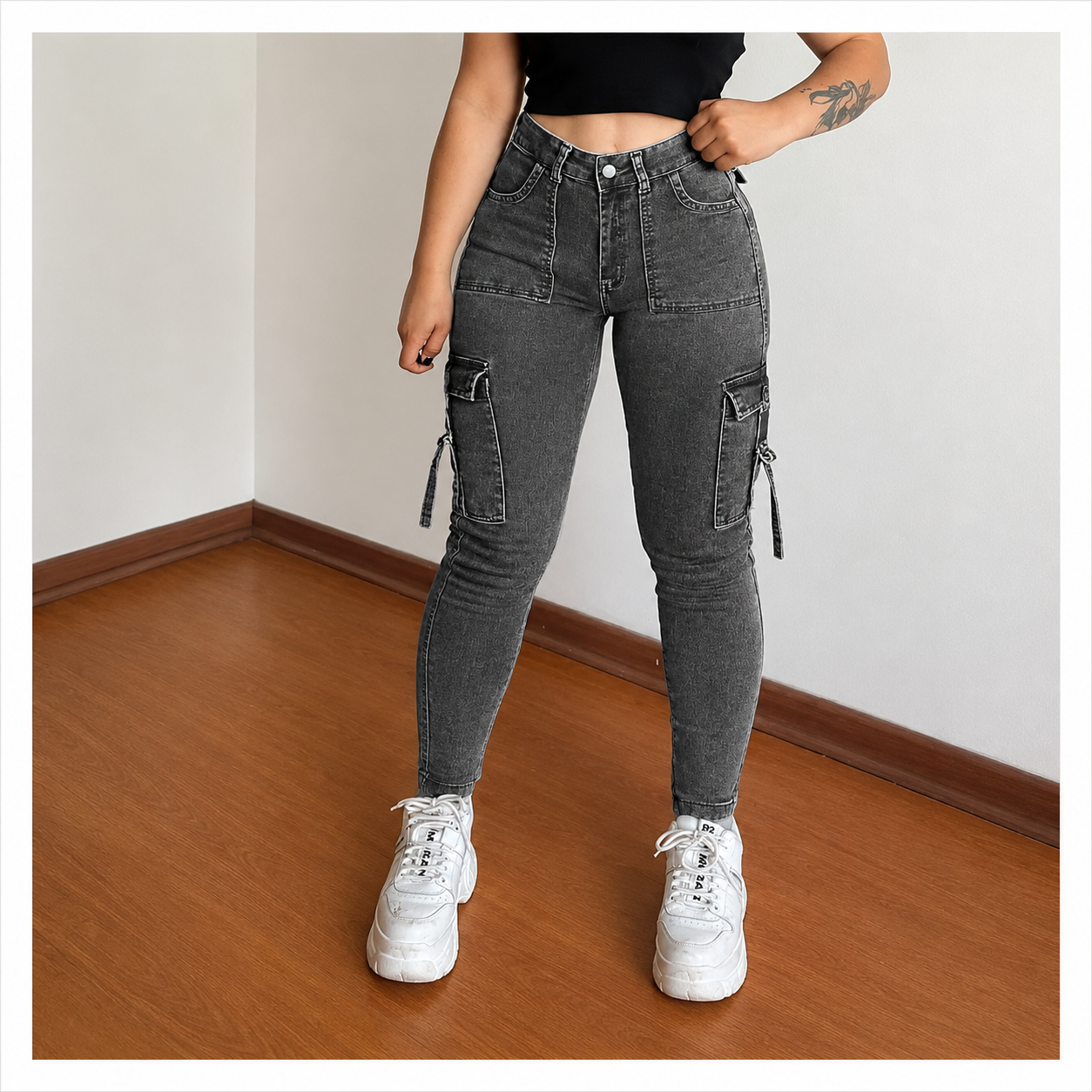 🔥MID YEAR SALE🔥Women's Plain Multi-pocket Denim Elastic Slim Fit Button Cargo Denim Pants