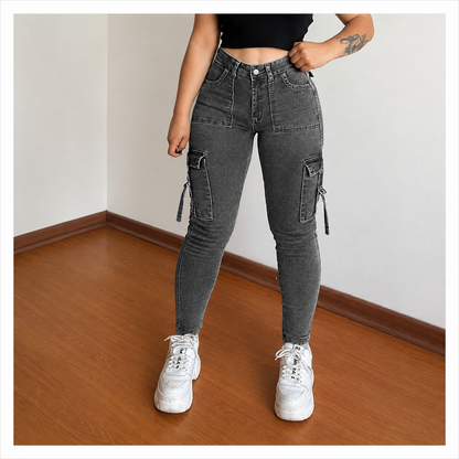 🔥MID YEAR SALE🔥Women's Plain Multi-pocket Denim Elastic Slim Fit Button Cargo Denim Pants